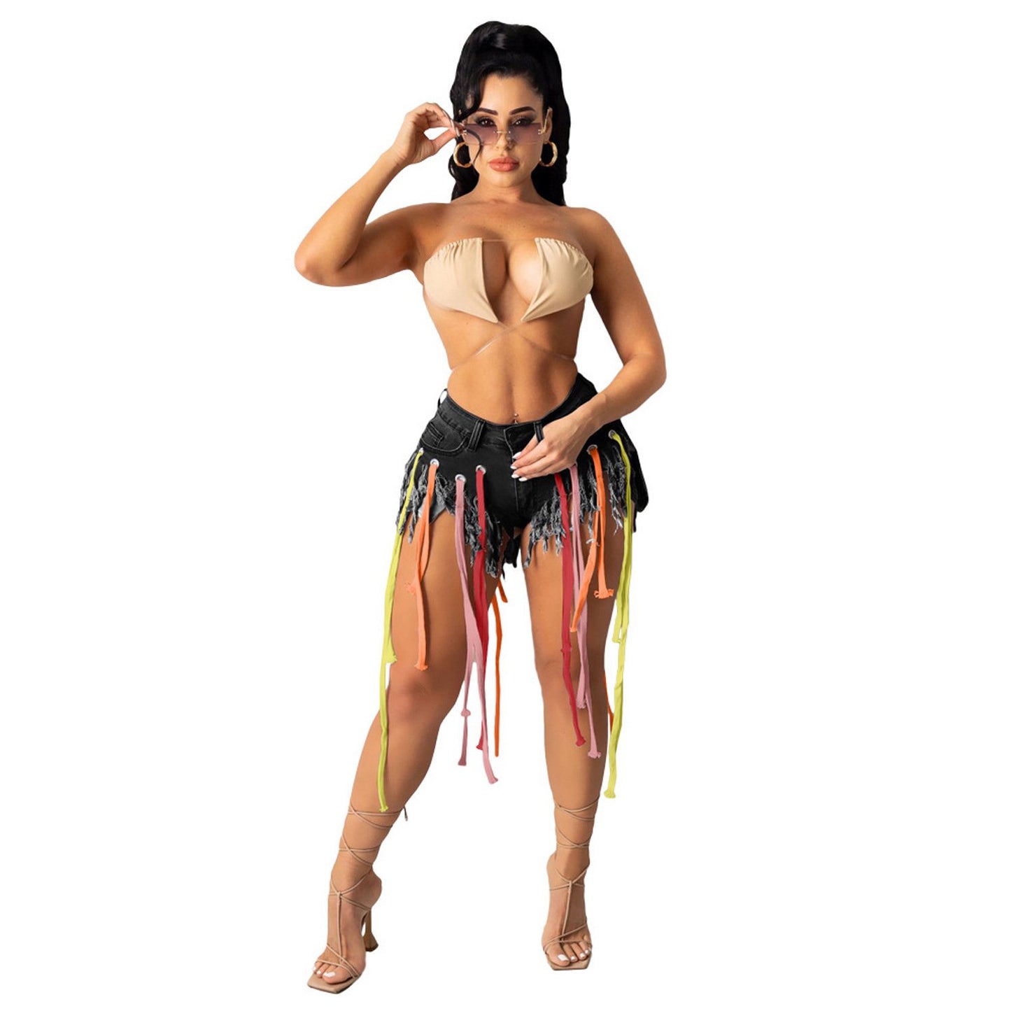 High Elasticity Denim Shorts with Drawstrings