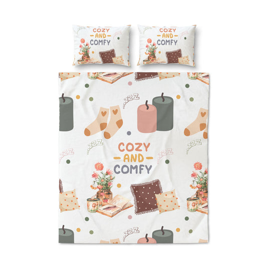 Cozy and Comfy Printed Quilt Cover Set — 3-Piece Bedding with Candles, Pillows & Floral Accents