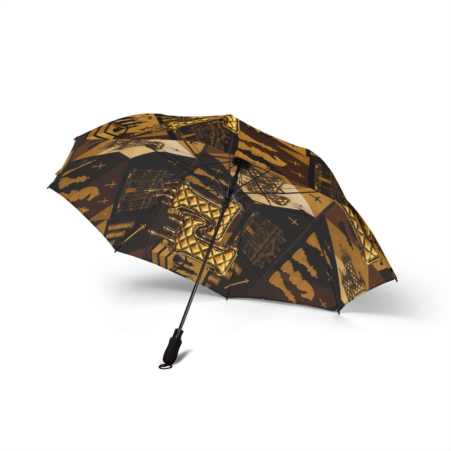 L&T Foldable Umbrella — Gold Geo Shield Pattern, Semi-Automatic Compact Rain Umbrella