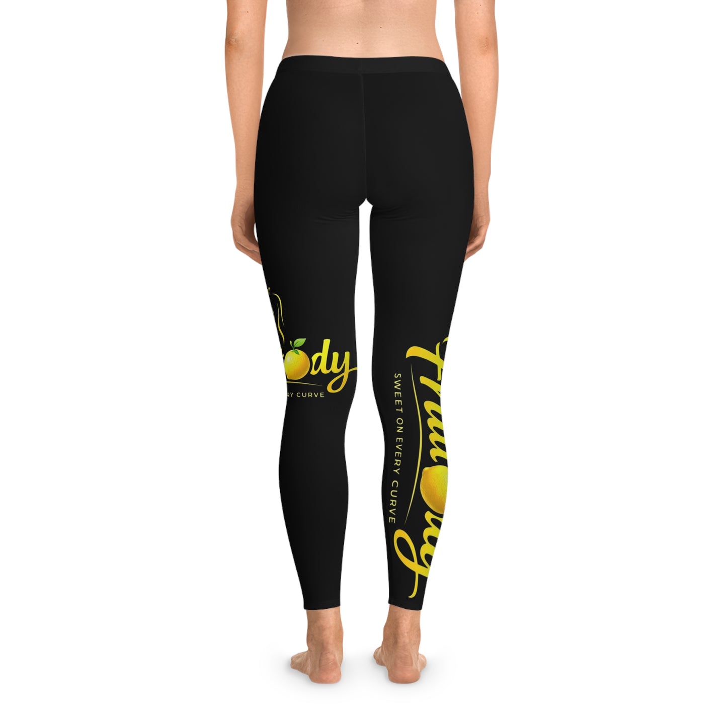 Fruitody Stretchy Leggings — Black Lemon Logo All-Over Print