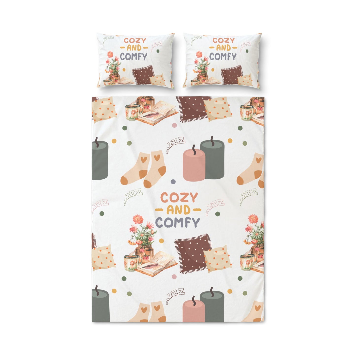 Cozy and Comfy Printed Quilt Cover Set — 3-Piece Bedding with Candles, Pillows & Floral Accents