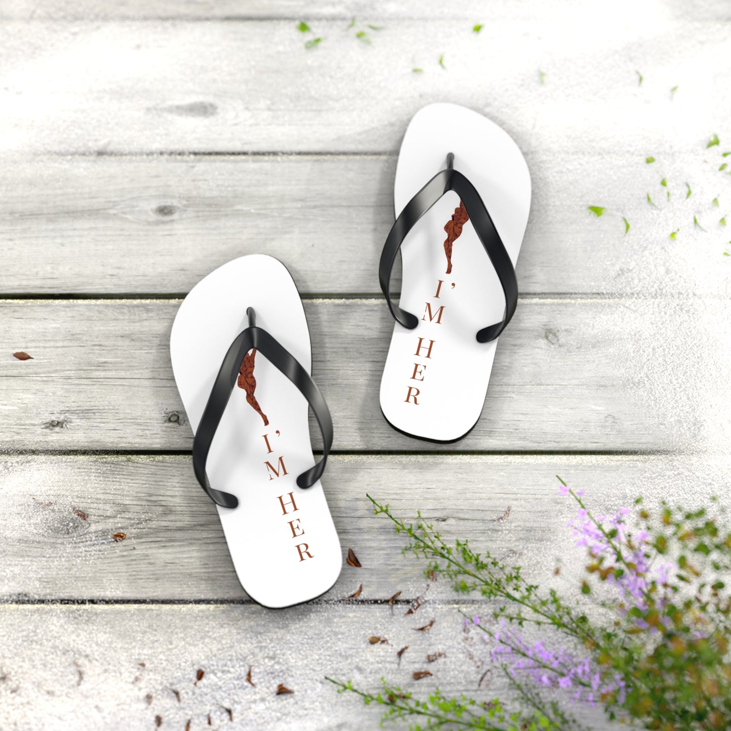 Flip Flops — "I'M HER" white Beach Flip Flops with Braided Hair Design