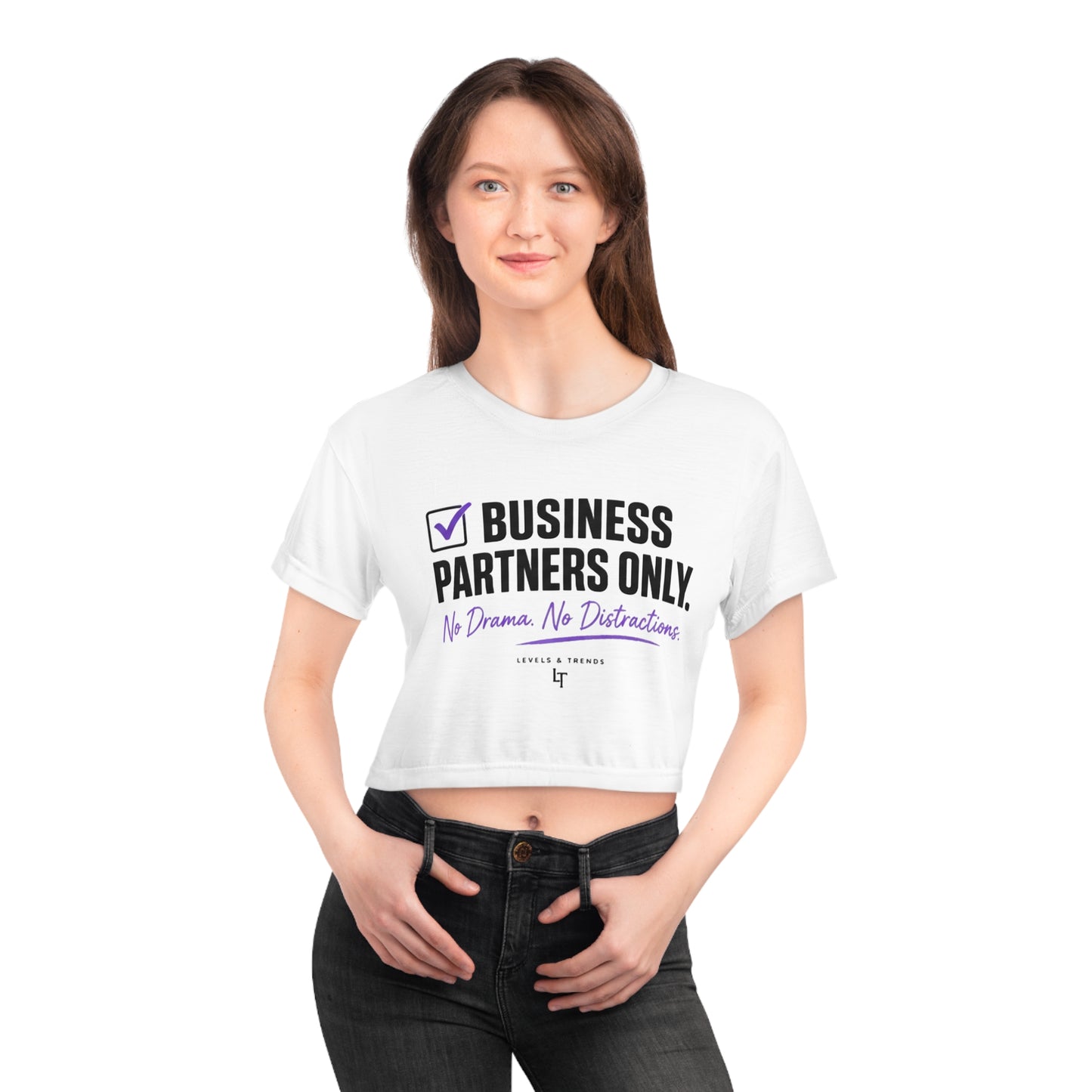 Business partners only Crop Tee — Bold Color Brush Script Feminine Pride Top
