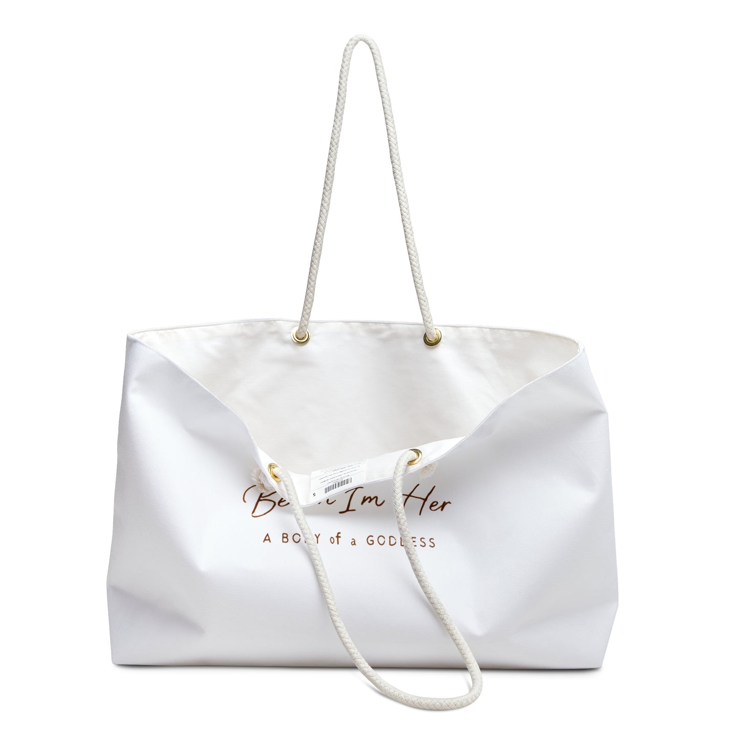 White Weekender Bag — "Beach I'm Her" Large Beach Tote, "A Body of a Goddess" Travel Weekender