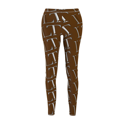 Brown LT Monogram Pattern Leggings — All-Over Printed Casual Women's Leggings