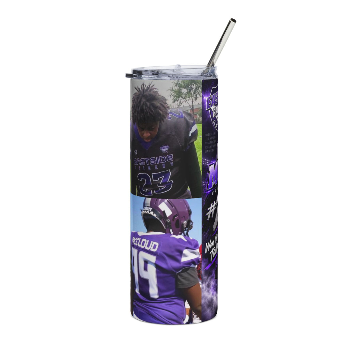 Football Photo Stainless Steel Tumbler — Custom Player Name & Eastside Raiders Logo, 20oz