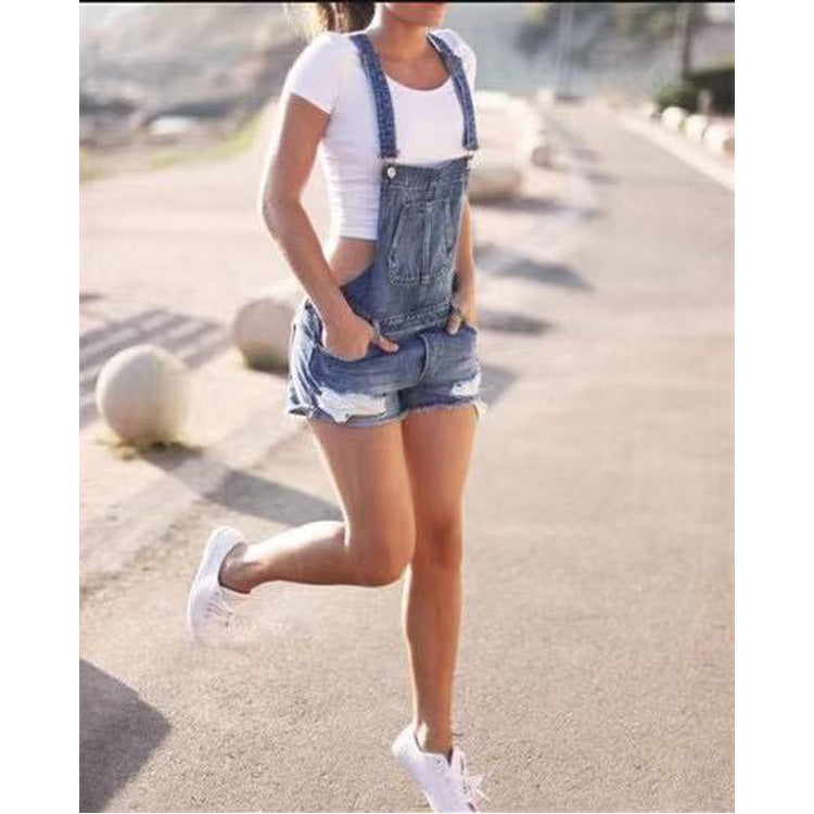 Blue Mid-Waist Denim Overalls Shorts