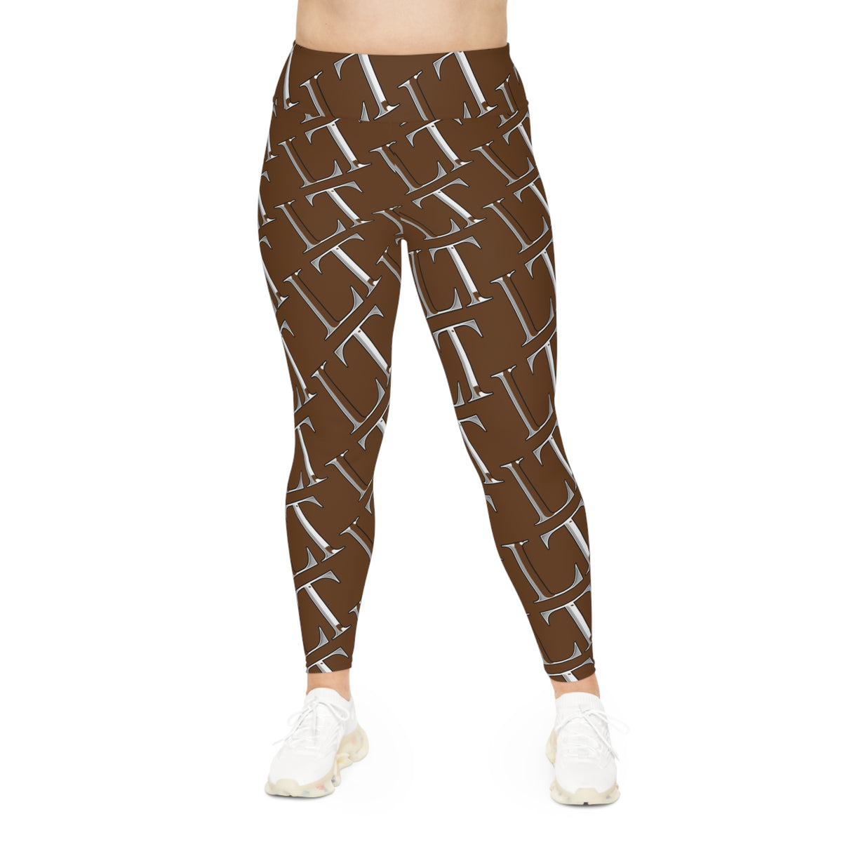 Plus Size Leggings — Brown Monogram All-Over Print