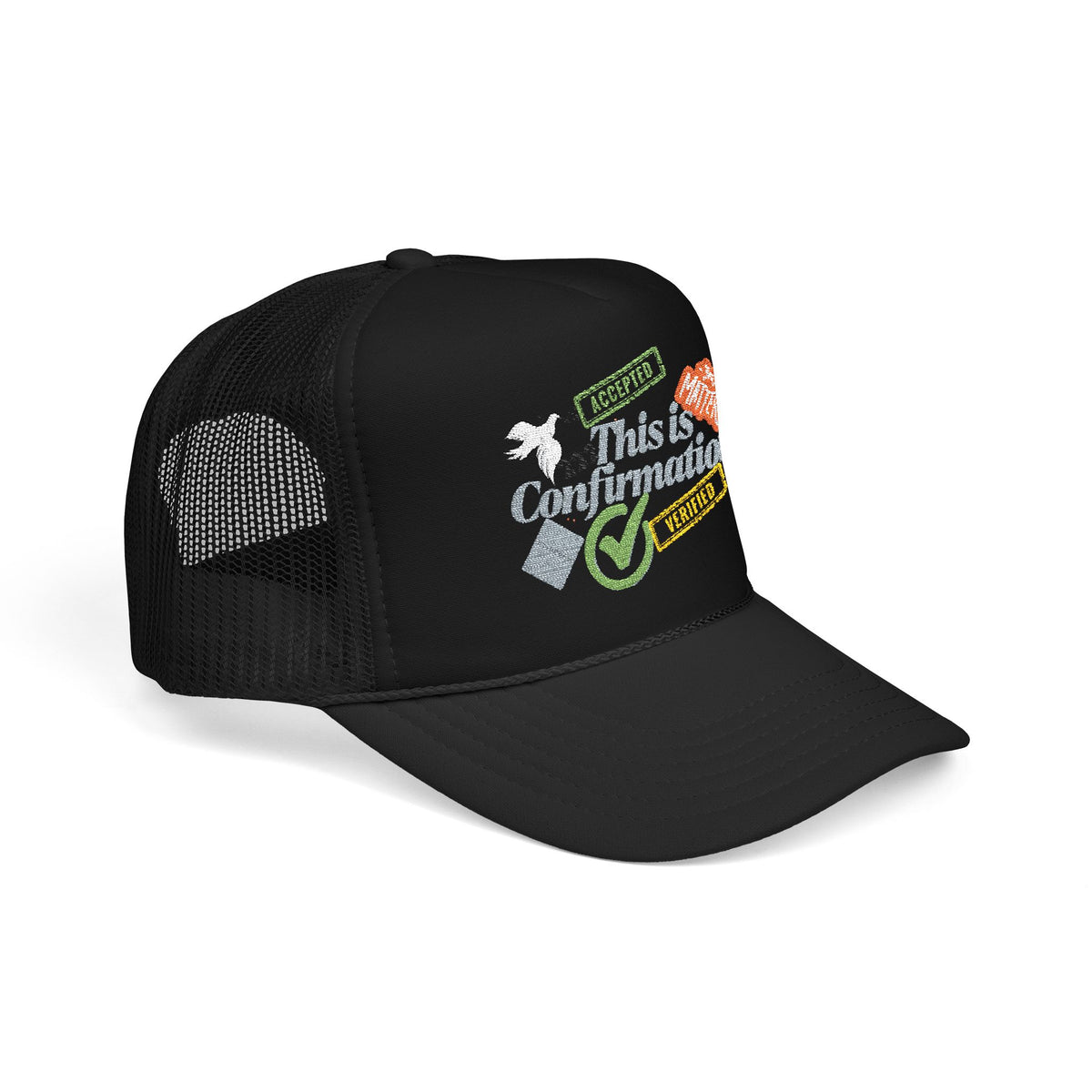 This is confirmation- black Embroidered Foam Trucker Hat - Vintage Style, Perfect for Casual Wear, Outdoor Adventures, Gift Idea for Him or Her, Trendy Headwear