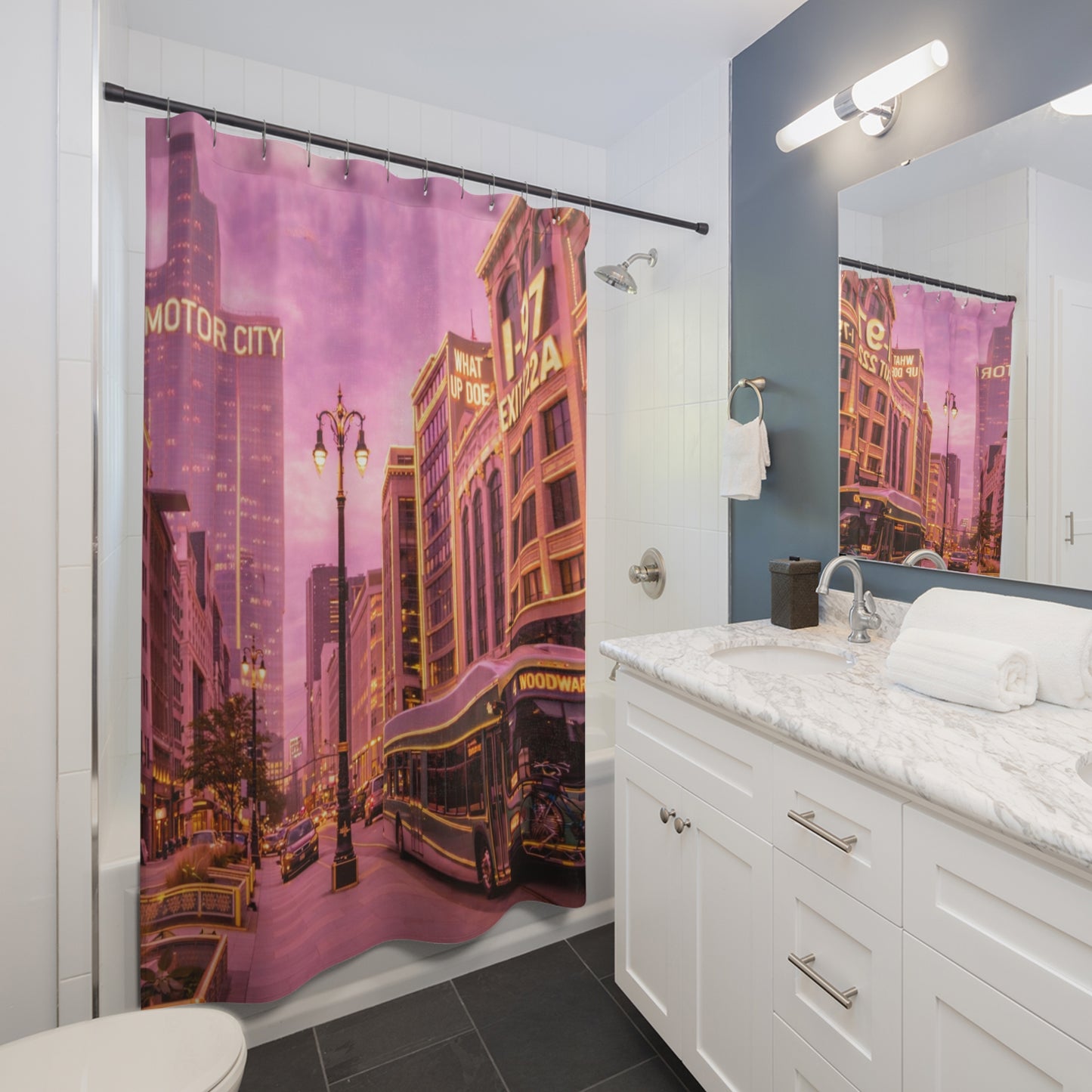 Detroit Motor City Vintage Street Shower Curtain — Pink Retro Urban Transit Design