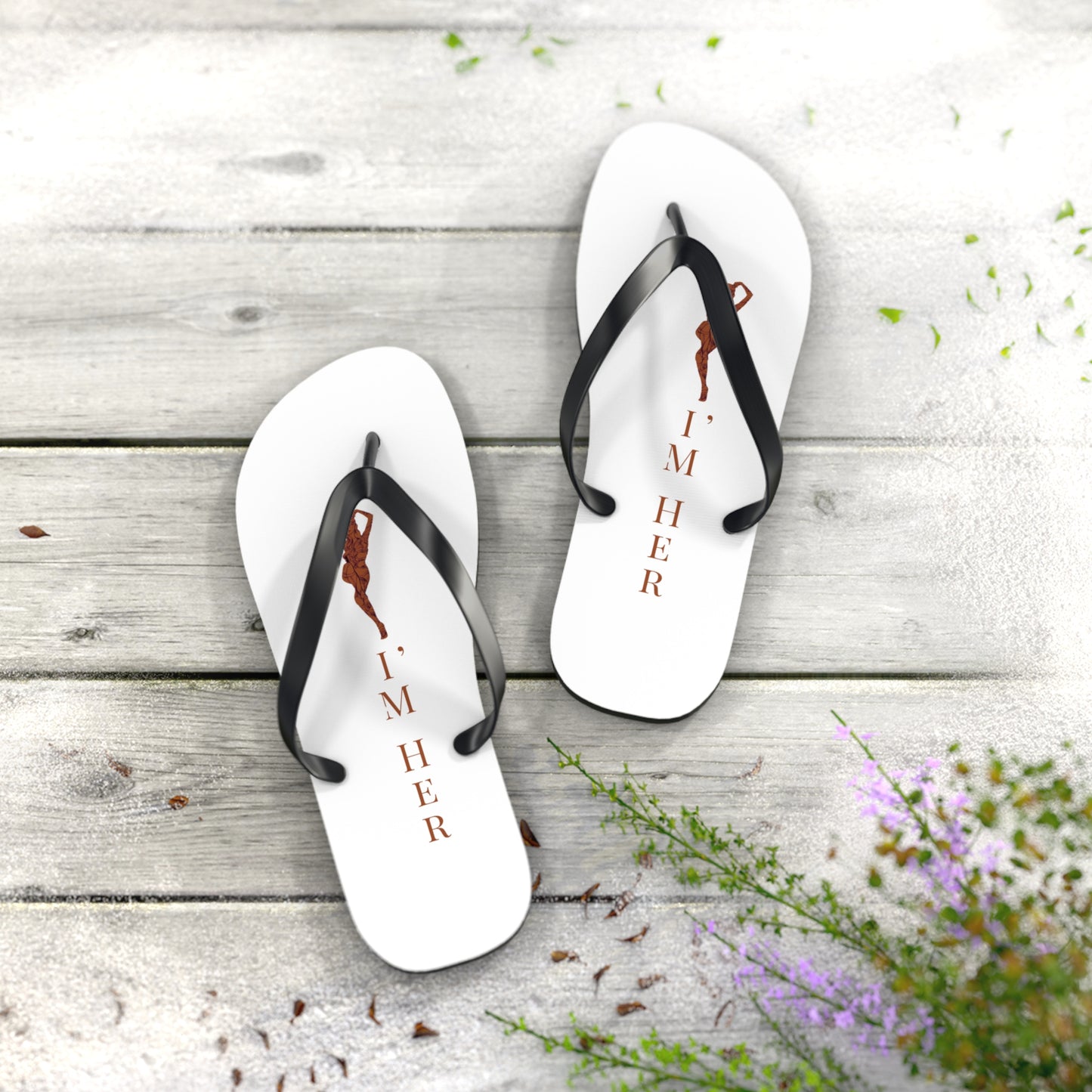 Flip Flops — "I'M HER" white Beach Flip Flops with Braided Hair Design