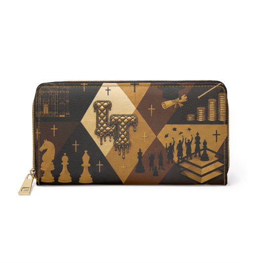 L&T-Chess Royale Zipper Wallet — Gold & Brown Checkered Chess Pattern