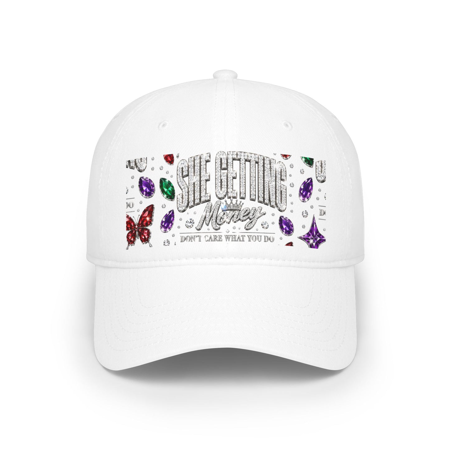 Low Profile Baseball Cap — 'She Getting Money' Rhinestone Butterfly Embroidered Hat