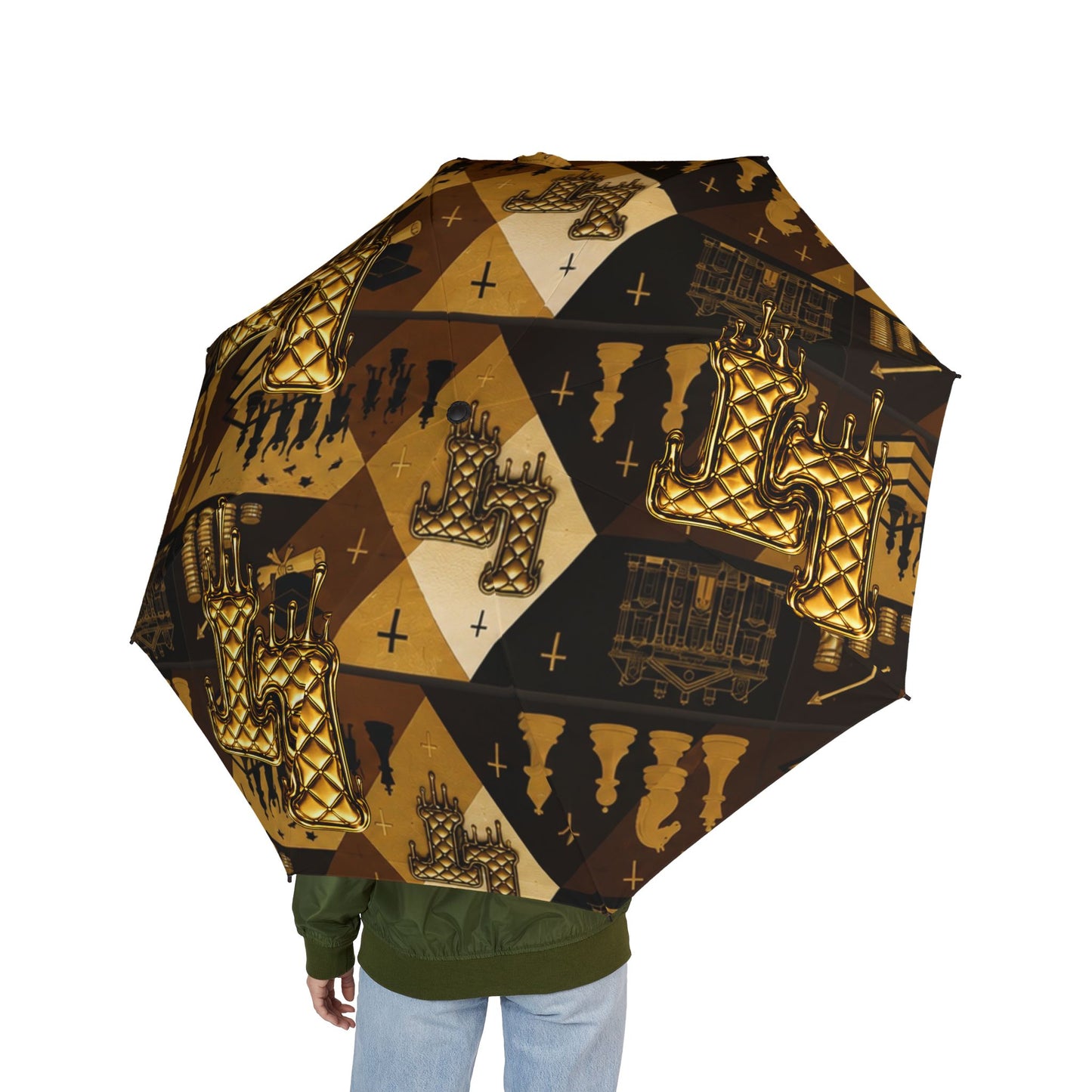 L&T Foldable Umbrella — Gold Geo Shield Pattern, Semi-Automatic Compact Rain Umbrella