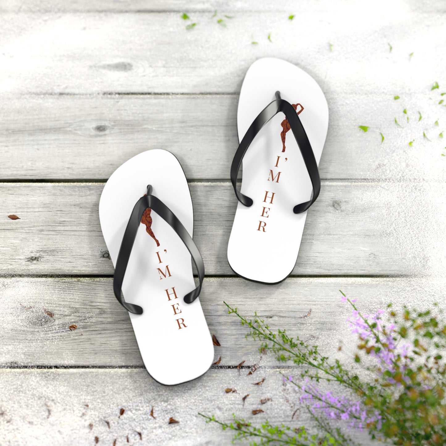Flip Flops — "I'M HER" white Beach Flip Flops with Braided Hair Design