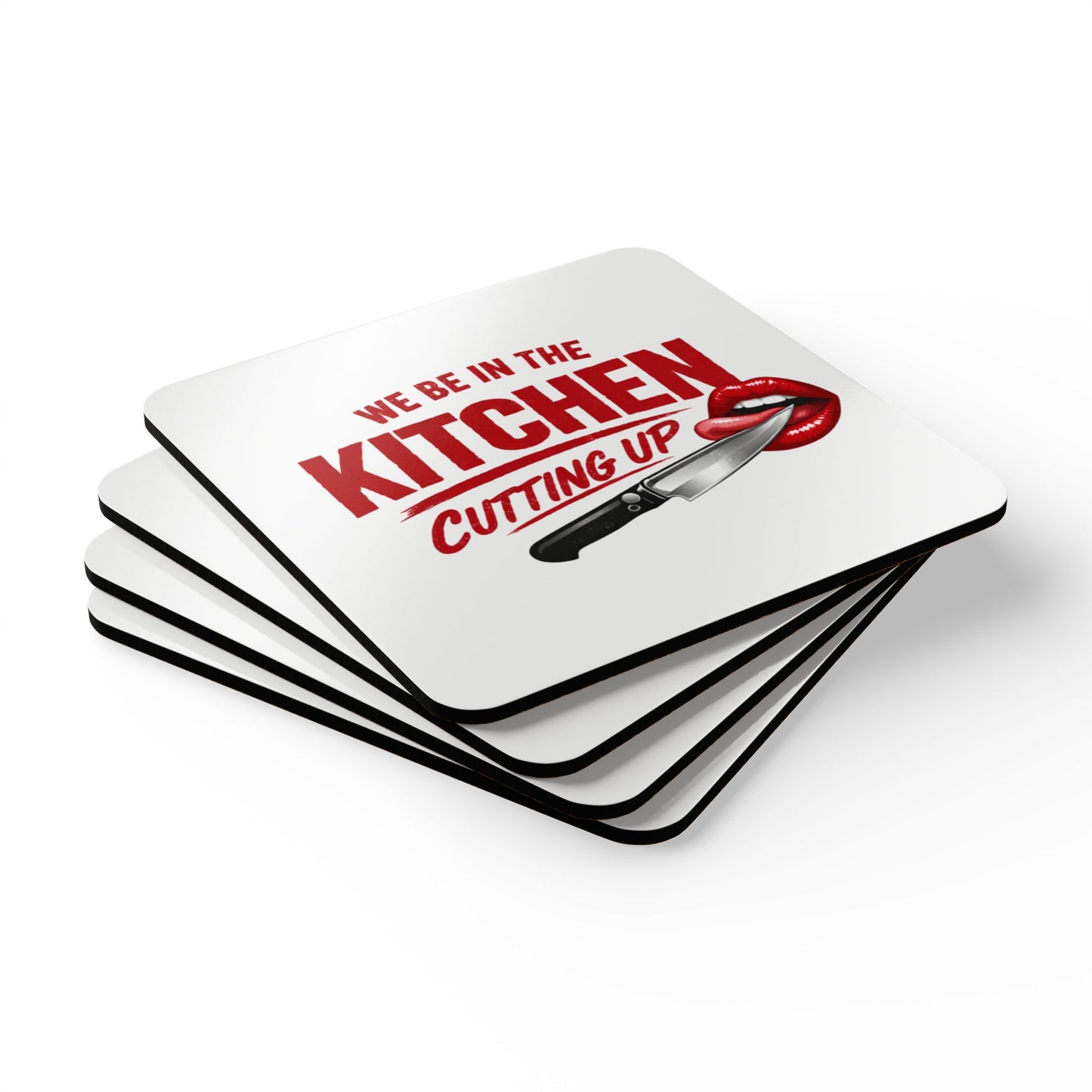 Kitchen Cutting Up Corkwood Coaster Set – Funny Chef Lips & Knife Drink Coasters