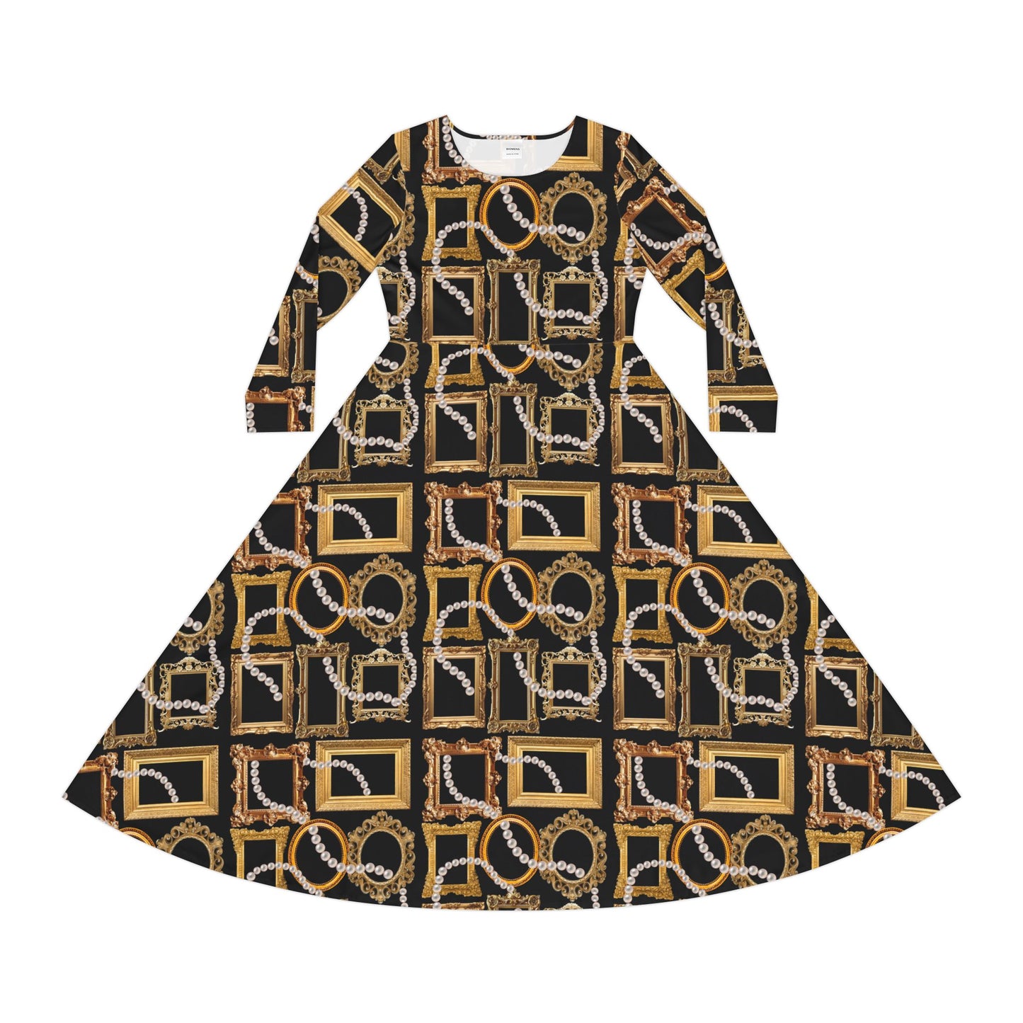 Golden Chain Print Long Sleeve Dance Dress — Vintage Baroque Flair for Ballroom & Evening Wear