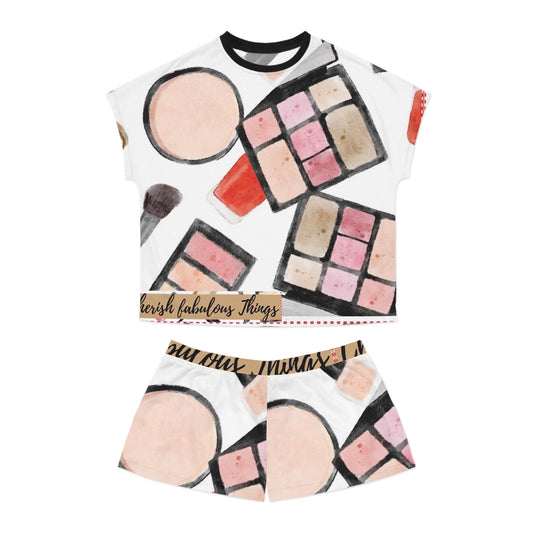 Cherish fabulous things -Makeup Print Women's Short Pajama Set — Cosmetic Brush & Palette Sleepwear