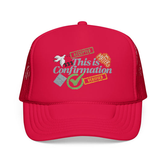 This is confirmation-Embroidered Foam Trucker Hat - Vintage Style, Perfect for Casual Wear, Outdoor Adventures, Gift Idea for Him or Her, Trendy Headwear