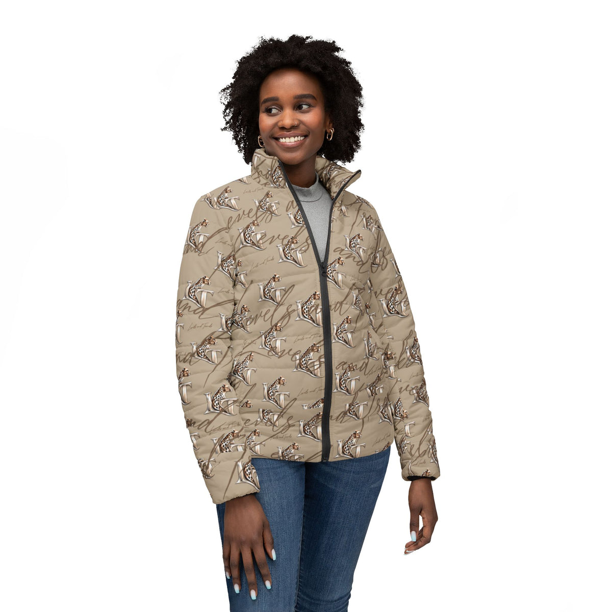Women’s  LT Puffer Jacket — Neutral Bird Pattern All-Over Print, Cozy Lightweight Winter Coat