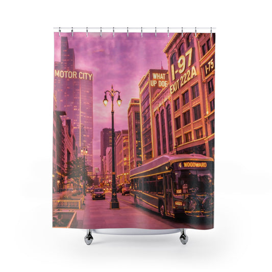 Detroit Motor City Vintage Street Shower Curtain — Pink Retro Urban Transit Design