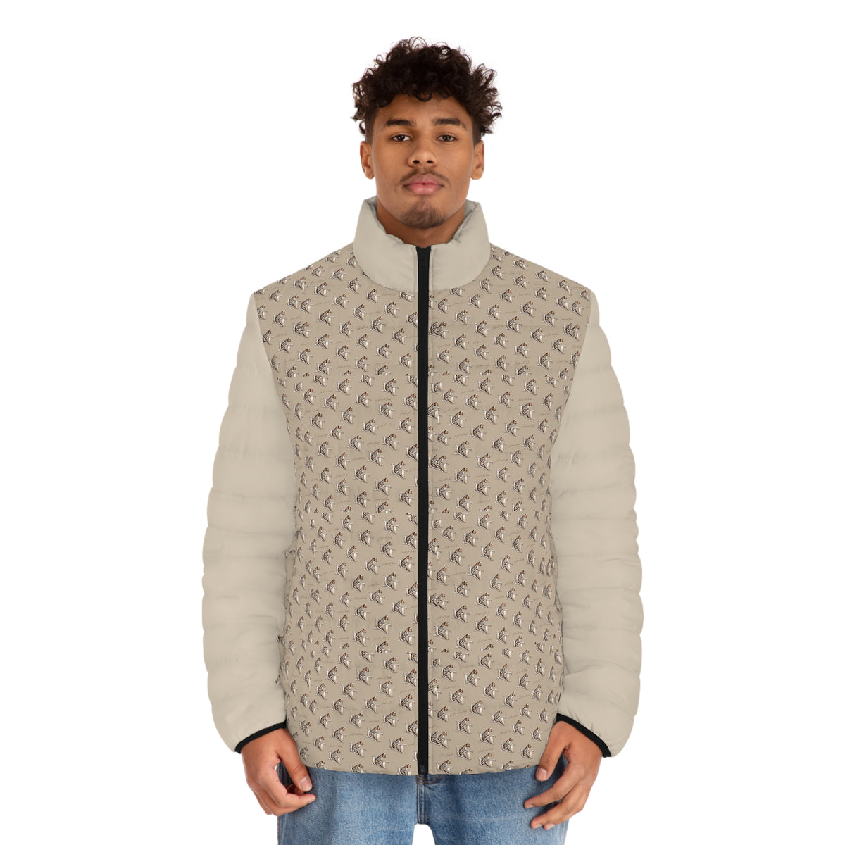 Men's LT Beige Crescent Pattern Puffer Jacket — Lightweight All-Over Print Winter Coat
