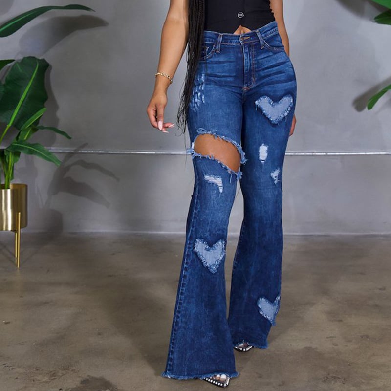 New Women's Ripped Denim Flared Pants