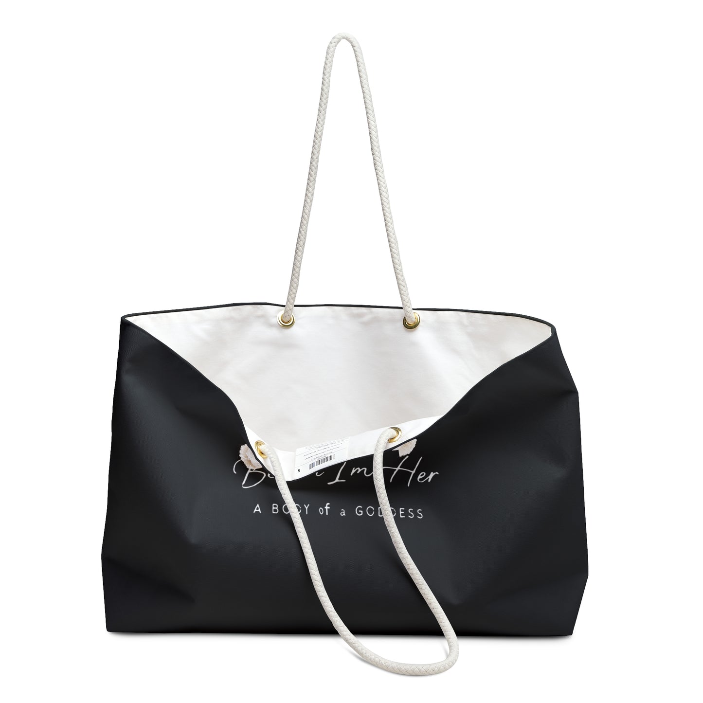 Beach I'm Her black Weekender Bag — 'A Body of a Goddess' Black Tote for Beach Getaways & Travel