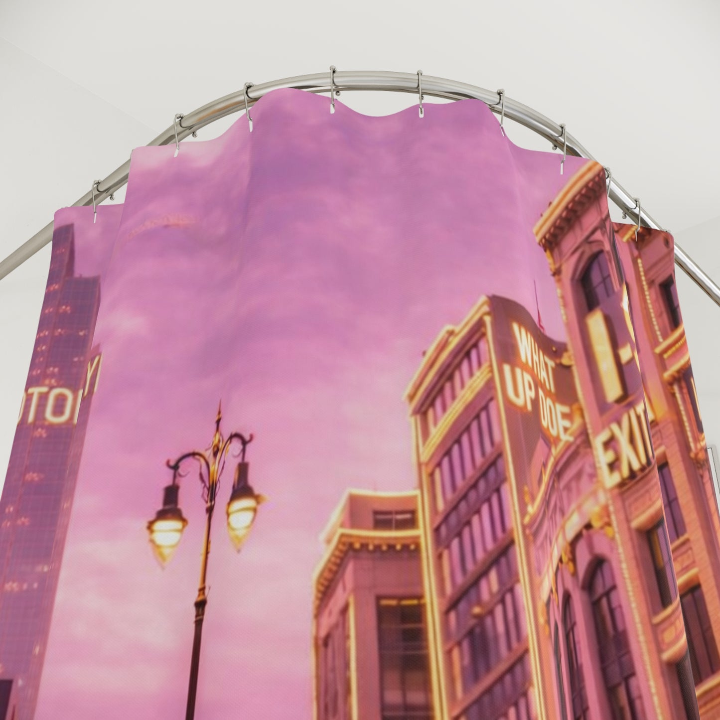 Detroit Motor City Vintage Street Shower Curtain — Pink Retro Urban Transit Design