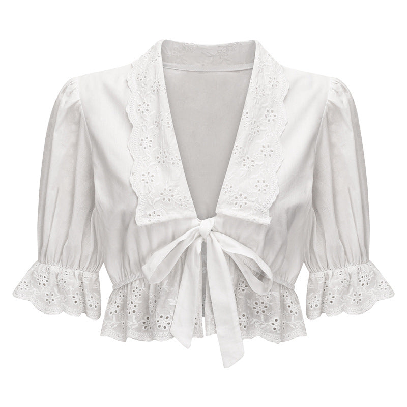 Deep V-Neck Lantern Sleeve White Blouse for Women