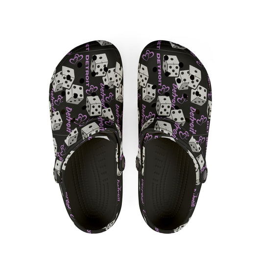 Detroit show girls Purple Dice Print Clog Shoes – Lucky Dice EVA Foam Slip-Ons