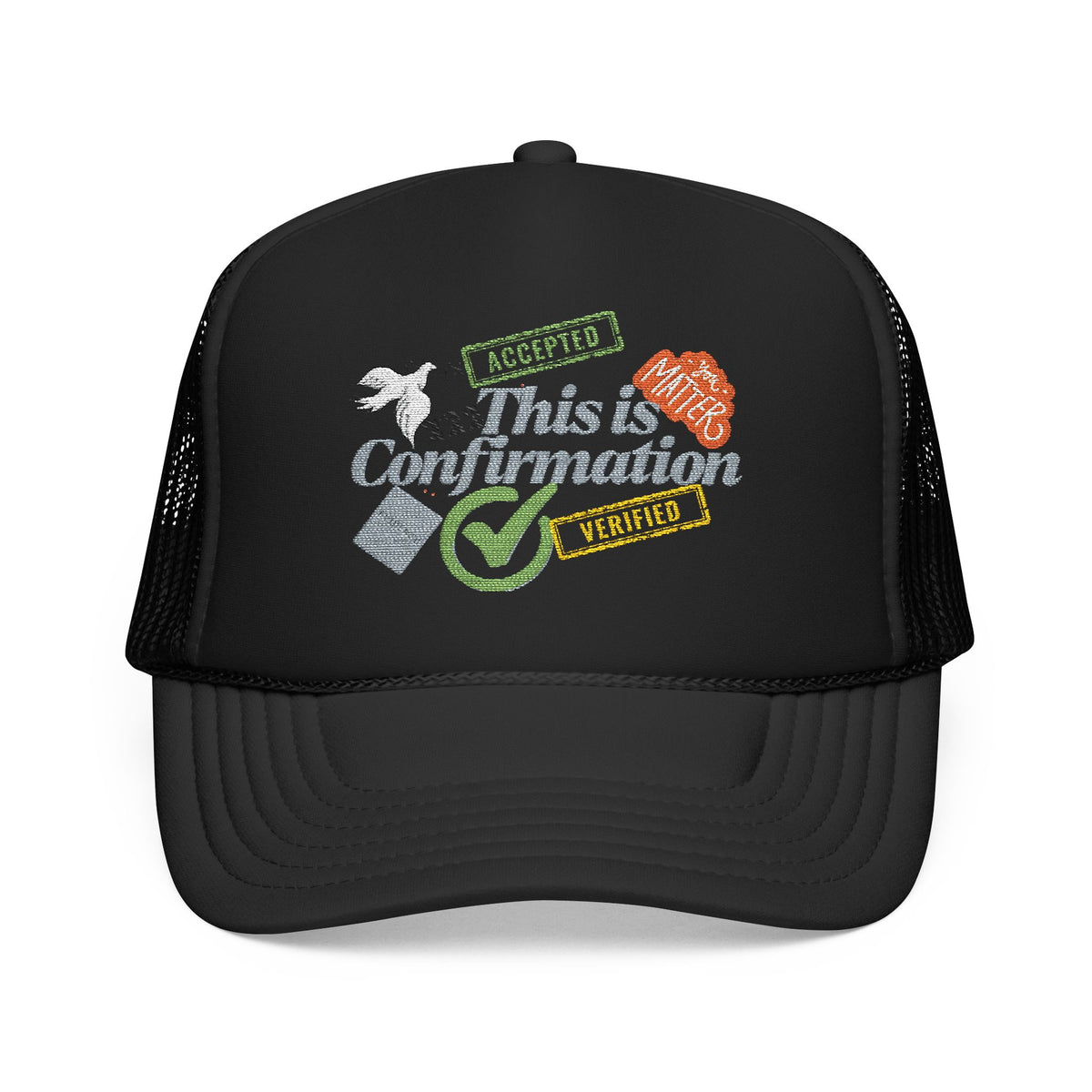 This is confirmation- black Embroidered Foam Trucker Hat - Vintage Style, Perfect for Casual Wear, Outdoor Adventures, Gift Idea for Him or Her, Trendy Headwear