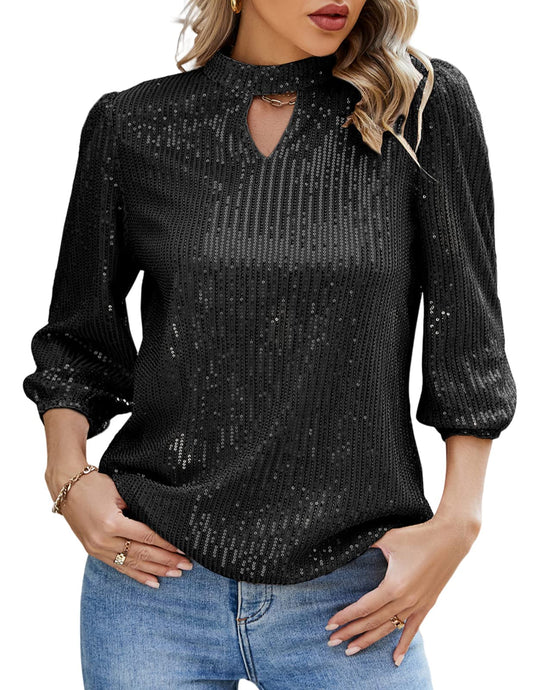 JASAMBAC Womens Sparkle Sequin Tops Shimmer Glitter Slim Hollow Round Keyhole Neck Tops Black 2XL