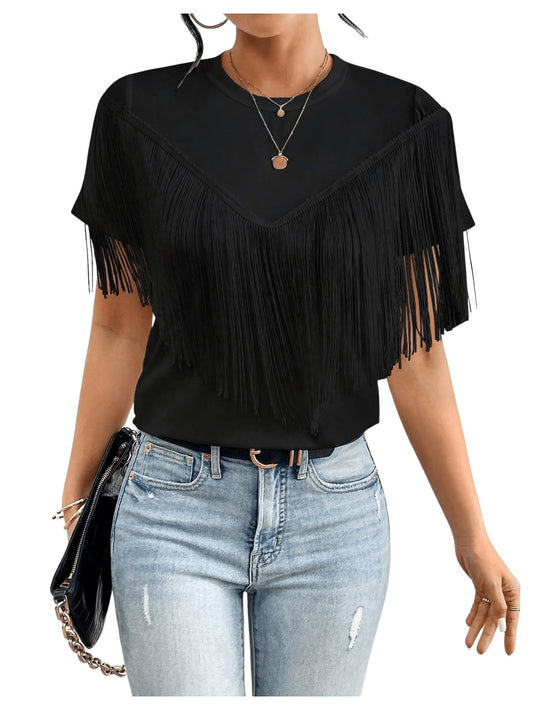 Verdusa Womens Casual Tops Short Sleeve Shirts Fringe Trim Fashion 2026 Tops Black Large