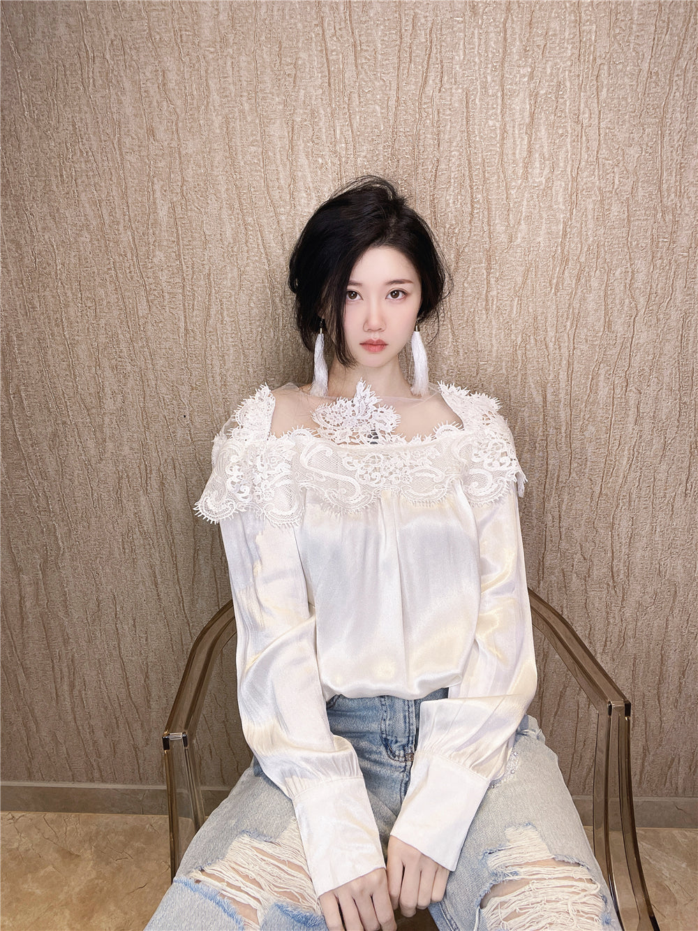 2026 Off-Shoulder Satin Silk Mesh Blouse for Women