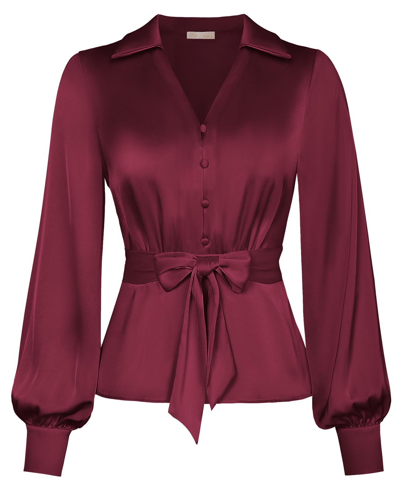 Belle Poque Womens Dressy Satin Blouse Lapel V Neck Shirts Blouse Professional Office Work Tops Red XL