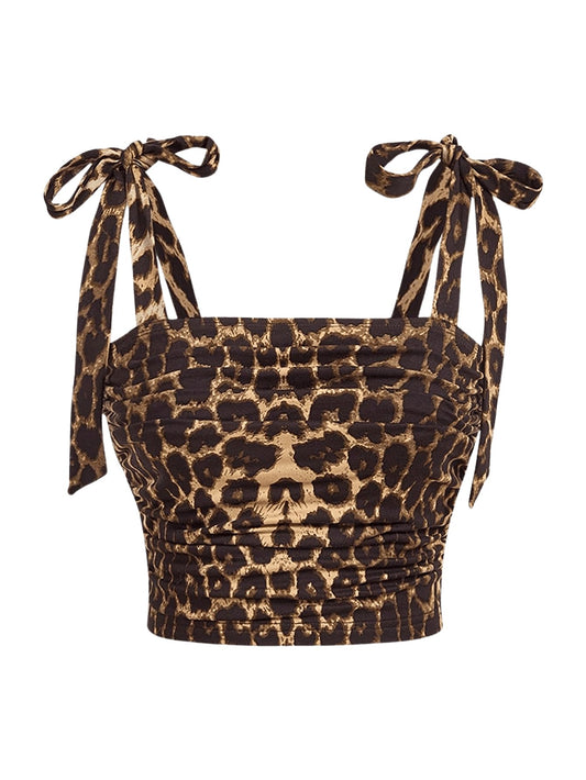 Verdusa Womens Knot Tie Shoulder Sleeveless Ruched Crop Cami Tops Leopard Print Large