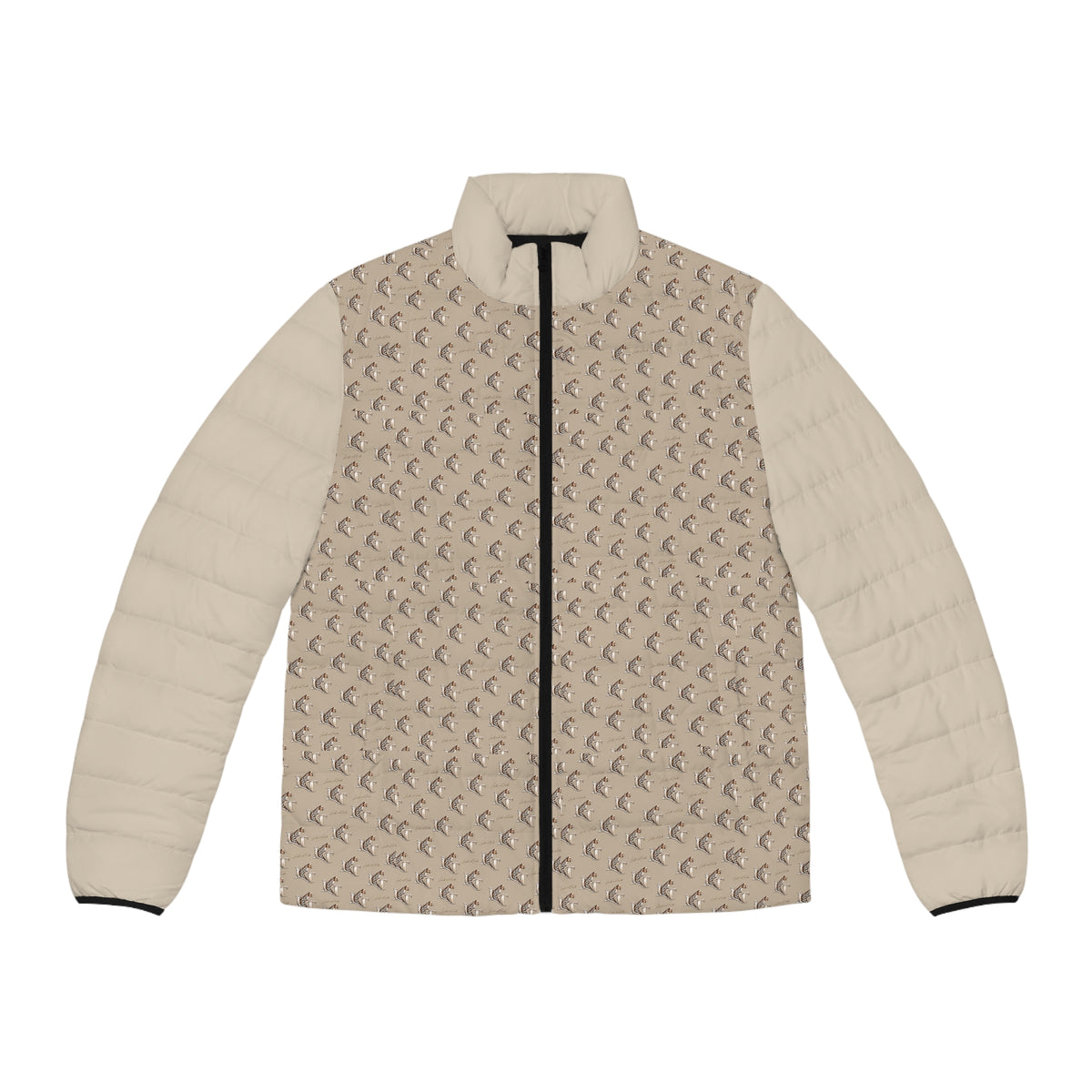 Men's LT Beige Crescent Pattern Puffer Jacket — Lightweight All-Over Print Winter Coat