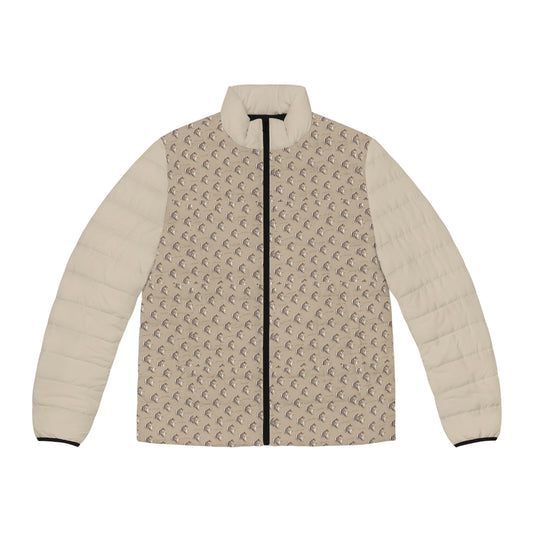 Men's LT Beige Crescent Pattern Puffer Jacket — Lightweight All-Over Print Winter Coat