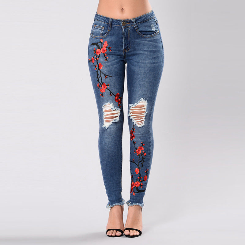 Embroidered Ripped Denim Long Pants