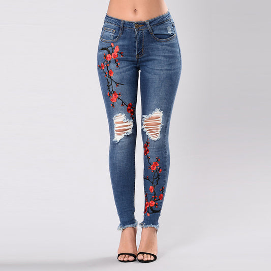 Embroidered Ripped Denim Long Pants