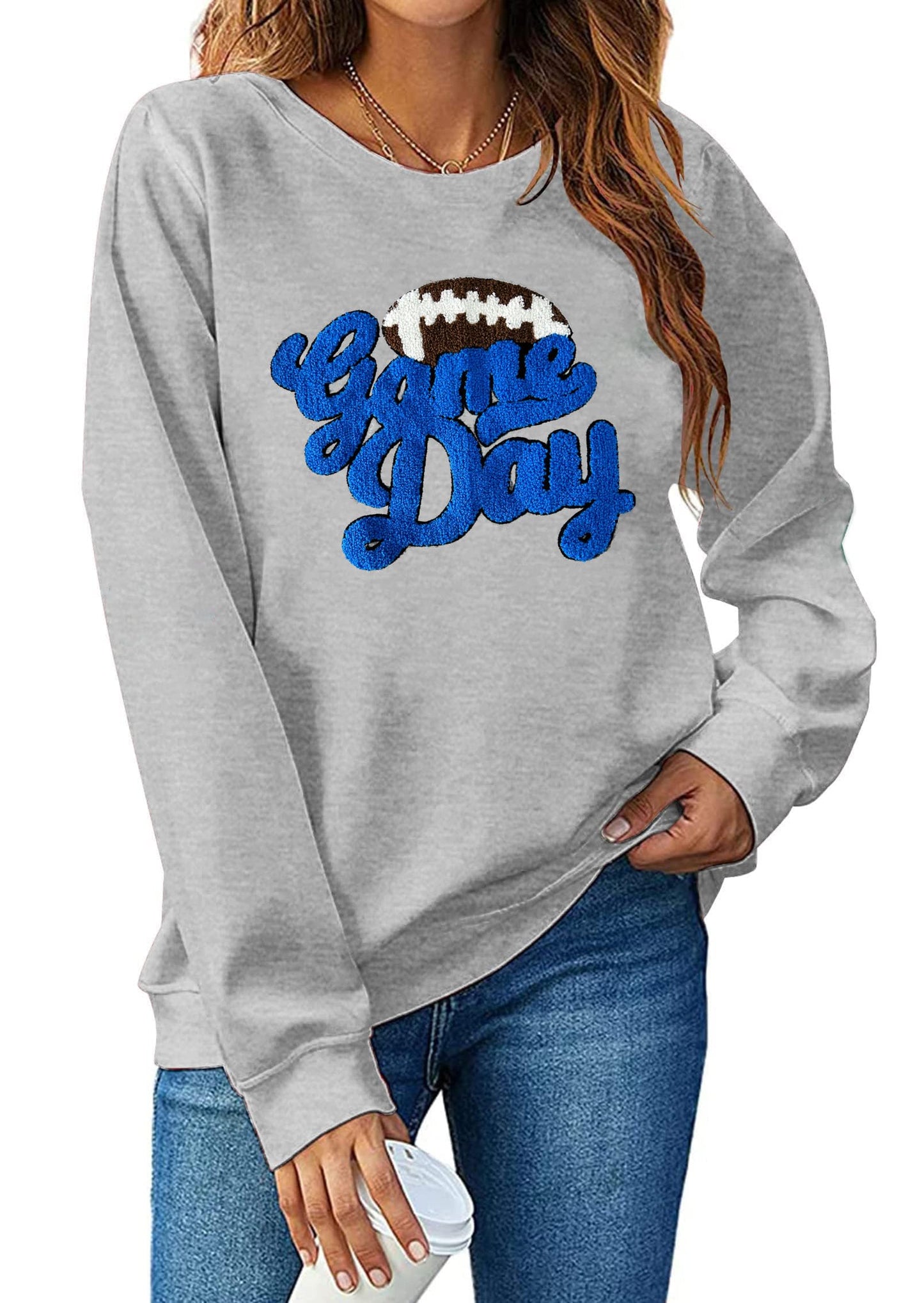 YALUCOR Women Football Sweatshirt Gameday Pullover Shirt Casual Football Mom Tops Hoodie Football Season Chenille Patch Tops
