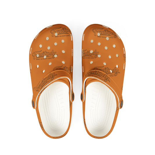 Orange FRUITODY-Foam Clogs — Comfortable Slip-On Shoes with All-Over Logo Print