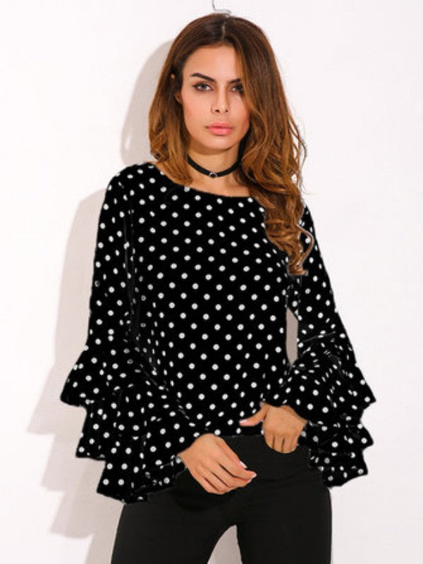 Long Sleeve Polka Dot Chiffon Blouse with Ruffles