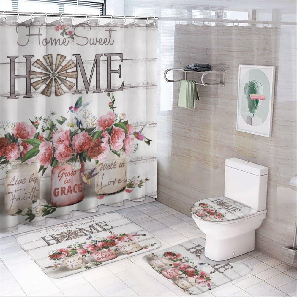 Tijuboni 4PCS Shower Curtain Sets with Rugs Farmhouse Shower Curtain Neutral Rustic Country Shower Curtain Sets Rose Peony Shower Curtain Sets Bathroom Decor with Non-Slip Bath Mat Toilet Rug