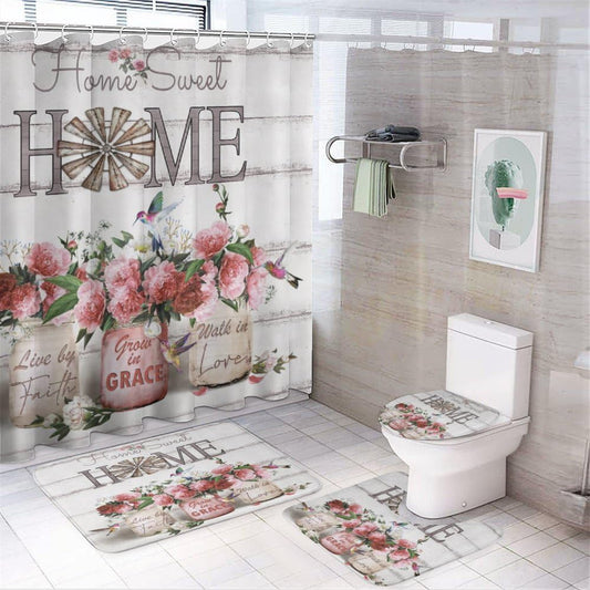 Tijuboni 4PCS Shower Curtain Sets with Rugs Farmhouse Shower Curtain Neutral Rustic Country Shower Curtain Sets Rose Peony Shower Curtain Sets Bathroom Decor with Non-Slip Bath Mat Toilet Rug