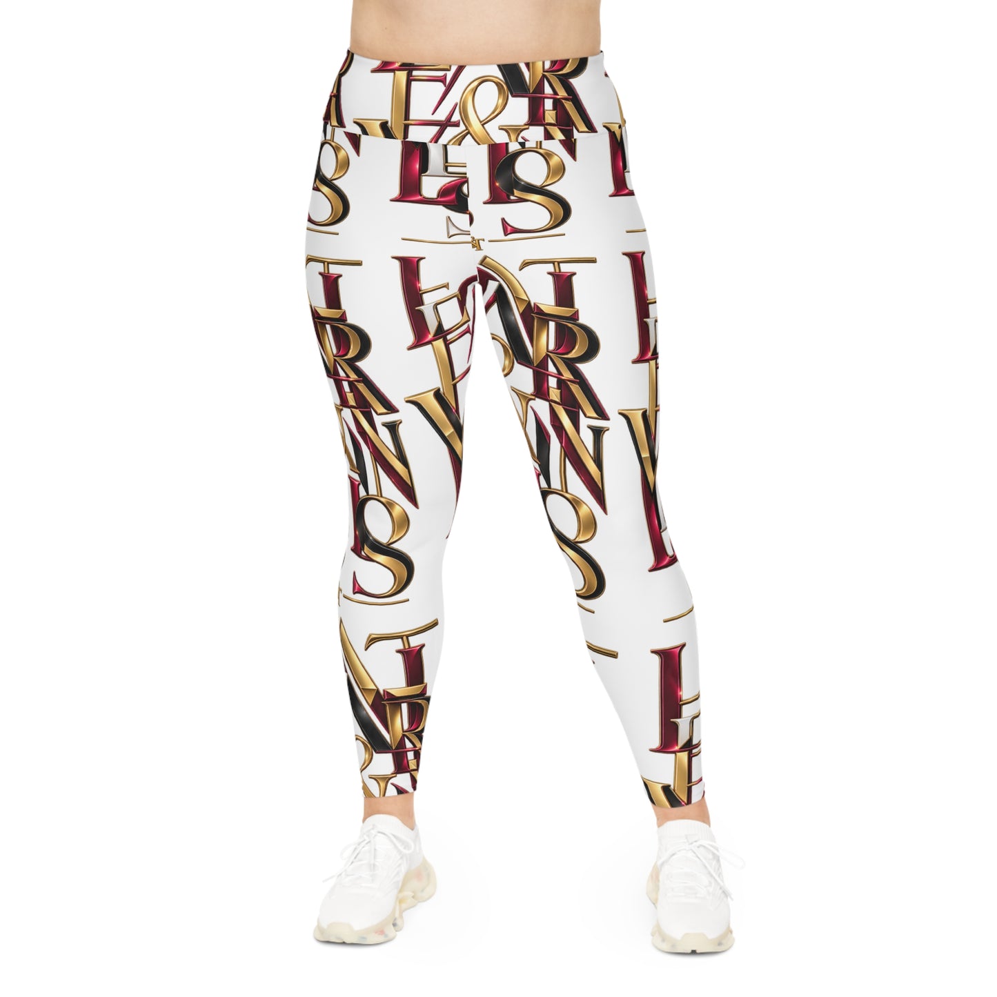 L&T’s Plus Size Leggings — Luxe Gold & Burgundy Letter Pattern Leggings
