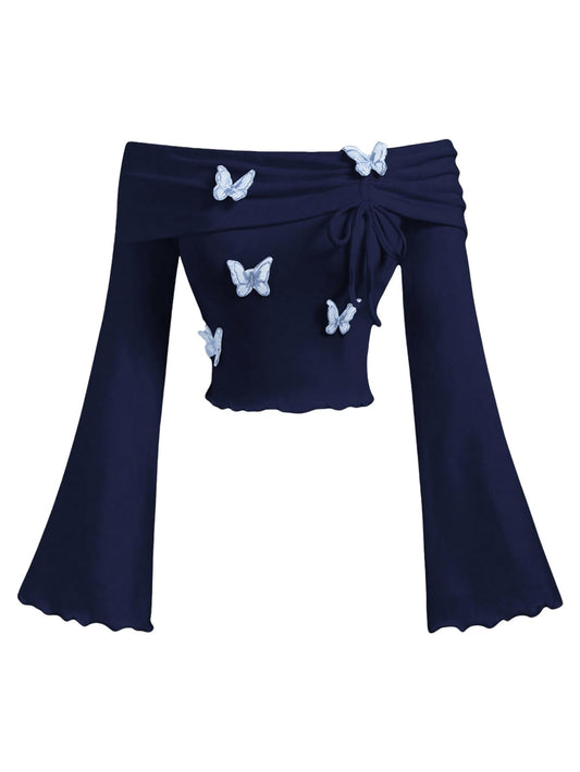 Verdusa Womens Y2k 3D Butterfly Bell Sleeve Tops Off The Shoulder Crop Tops Long Sleeve T Shirts Dark Blue Small