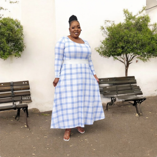 Blue Plaid Long-Sleeve Dance Dress — Vintage Check Swing Midi