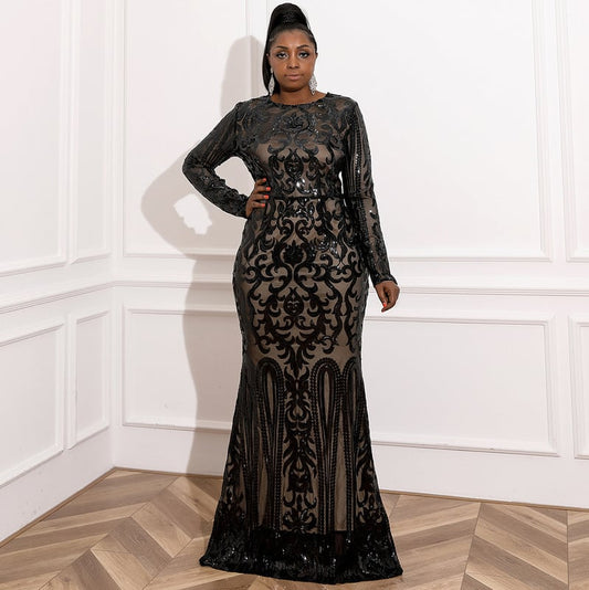 Plus Size Women's Evening Dress with Sequined Skirt
